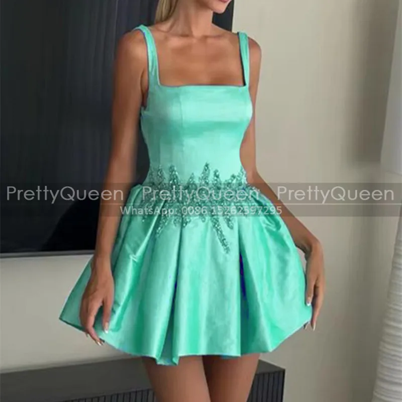 

Mint Green Short Bridesmaid Dresses A Line Beaded Appliques Spaghetti Straps Customized Mini Wedding Party Dress