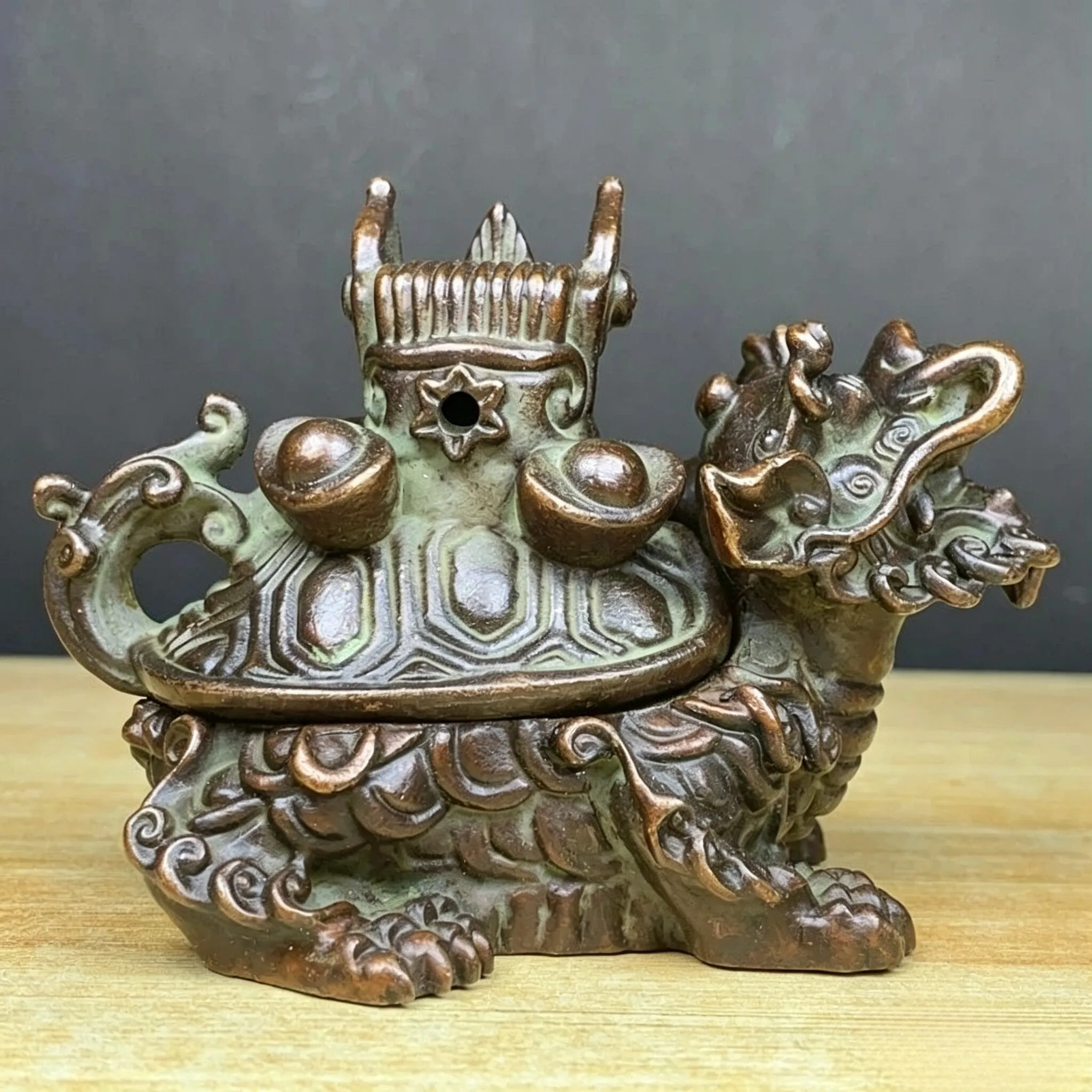 Rare retro engraving alloy copper ternary and the first dragon turtle incense burner ornament home desktop decoration ornament