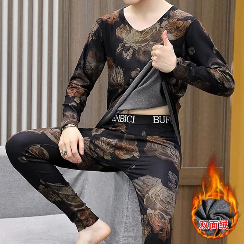 가을과 겨울 무봉제 따뜻한 속옷 남성용 양면 독일 벨벳 세트 청년용 브이넥 롱존 잠옷 세트