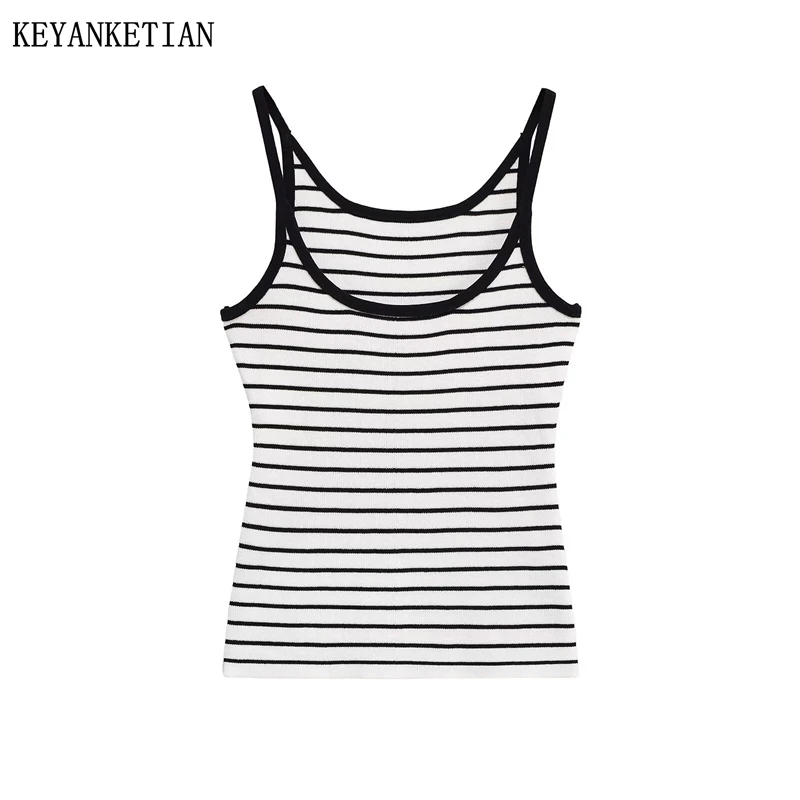 

KEYANKETIAN Summer New Women's Round Neck Thread Versatile Striped Strap Tank Top Women Sleeveless T-shirt