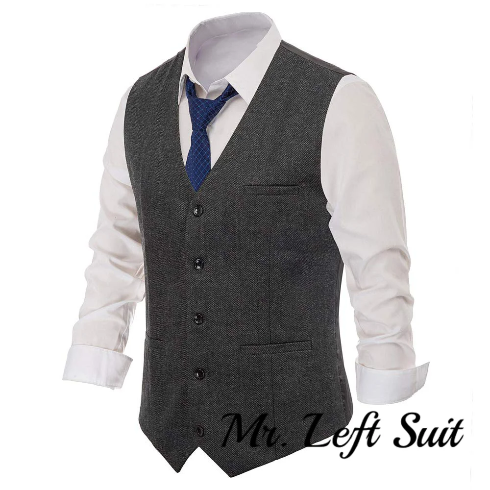 Men\'s Western Herringbone Tweed Suit Vest Wool Blend V Neck  Waistcoat Single-breasted Herringbone Slim Fitted Suit Vests