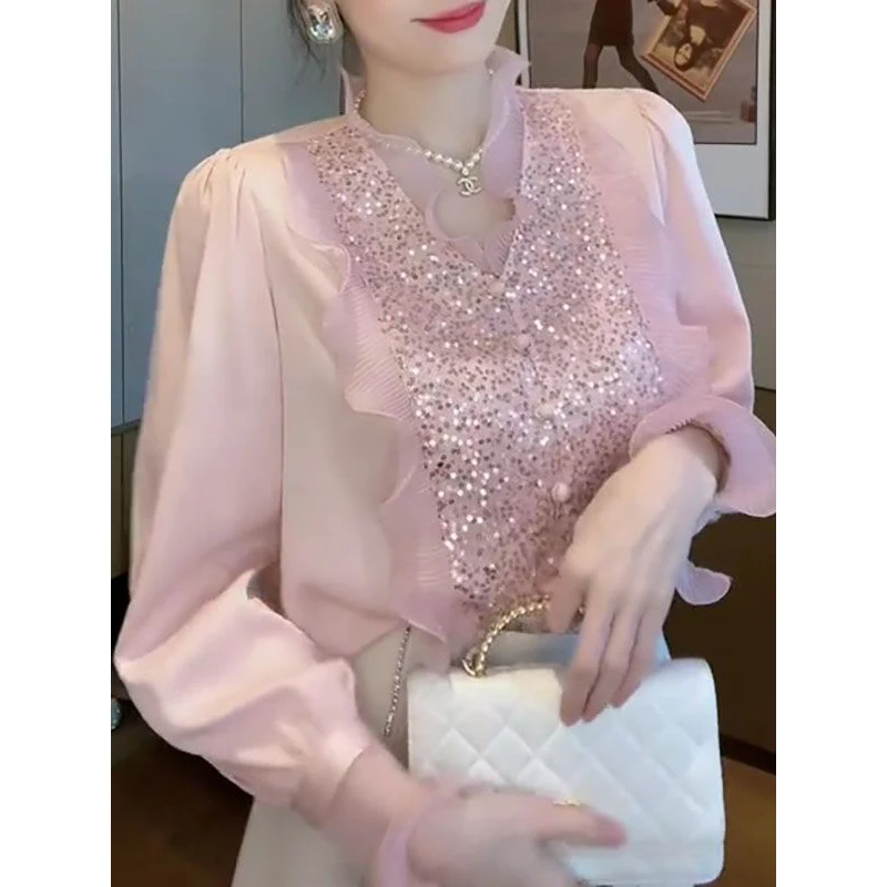 New Women Fashion Ruffles Sequins Elegant Blouses French Style V Neck Long Sleeve Loose Shirts Casual Pink Sweet Chic Fairy Tops