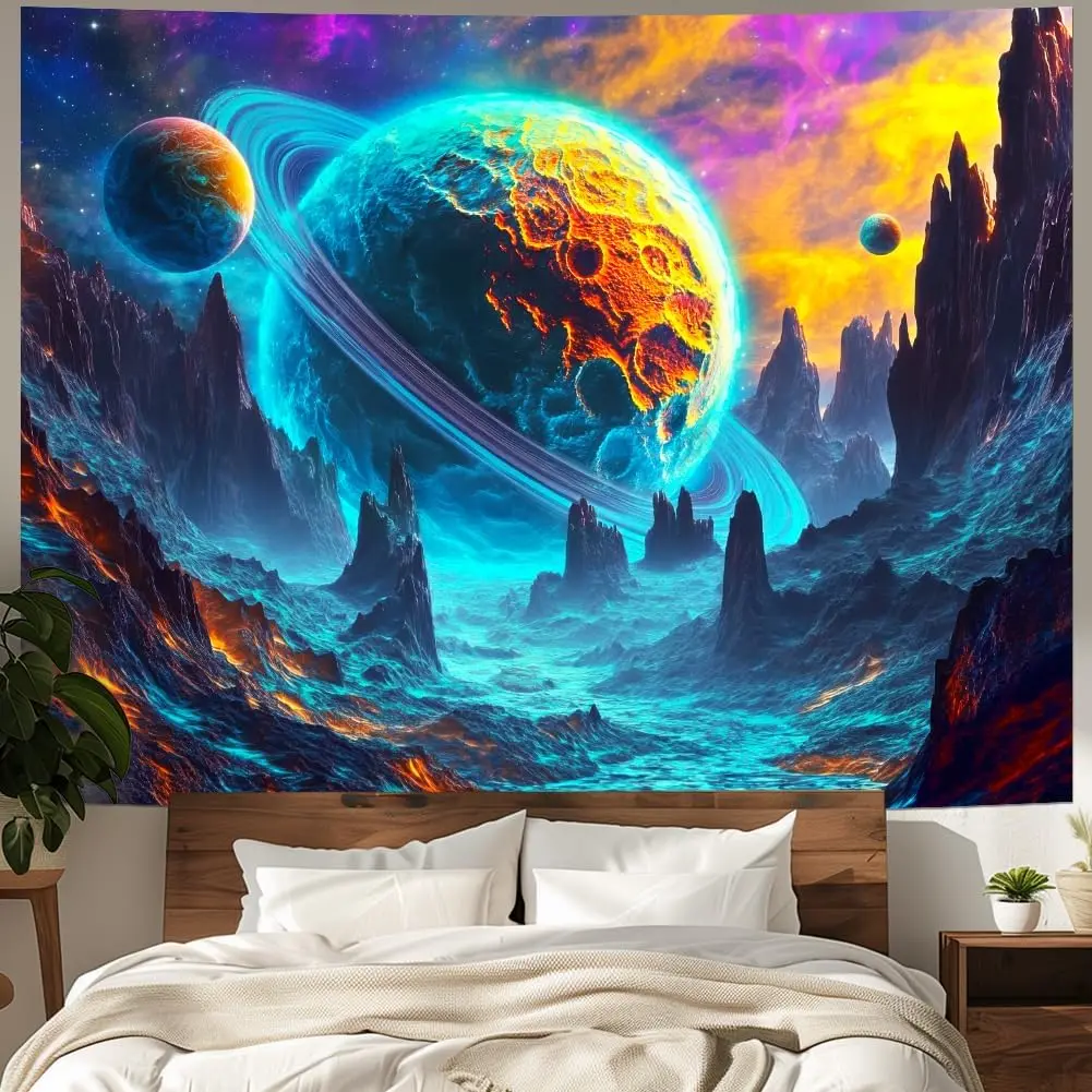 Psychedelic Planet Tapestry Trippy Galaxy Space Tapestries Neon Starry Sky Wall Decor Mysterious Universe Mountain Tapestry