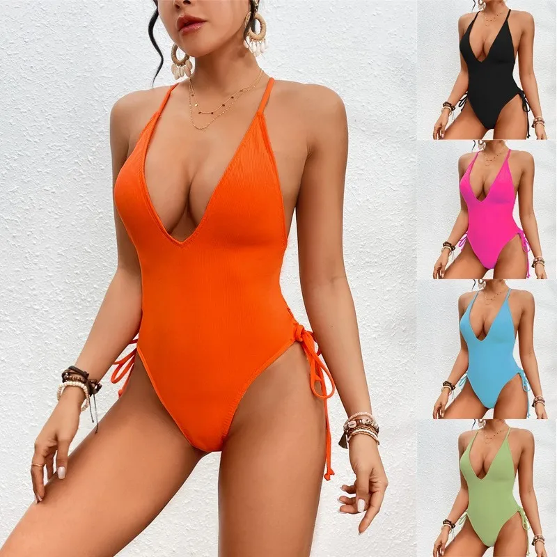 

2025 Summer New One-piece Swimsuit for Women European and American Sexy Deep V Ribbed Back Tied Bikini Swim