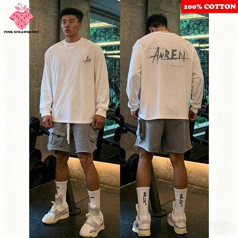 

White Long sleeves Base T-shirt Men's Autumn 2025 New 100%Cotton Ventilate O-Neck T-shirt Sports Gym Loose Y2k Top Men clothing