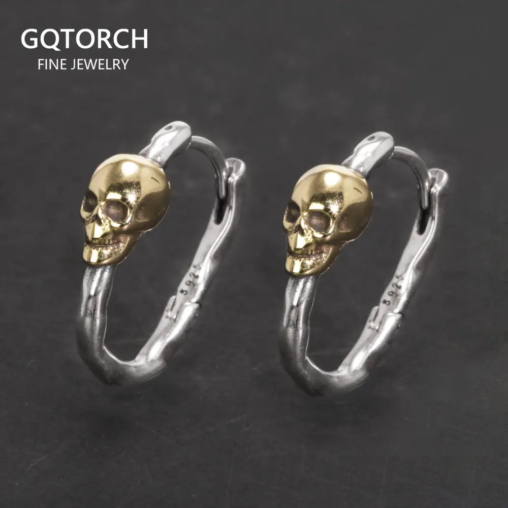 Orecchini a cerchio placcati oro con teschio in argento Sterling S925 orecchini Punk Vintage gioielli da uomo e da donna