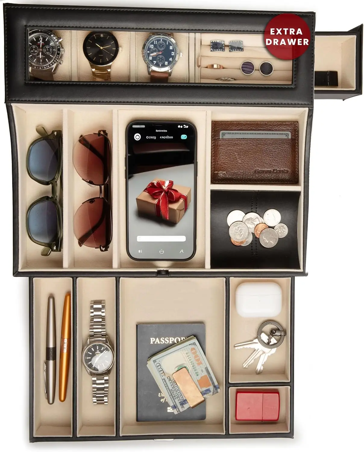 

Большой кожаный органайзер для мелочей с зарядной станцией, шкатулка для украшений и аксессуаров EDC для мужчин на прикроватную тумбочку