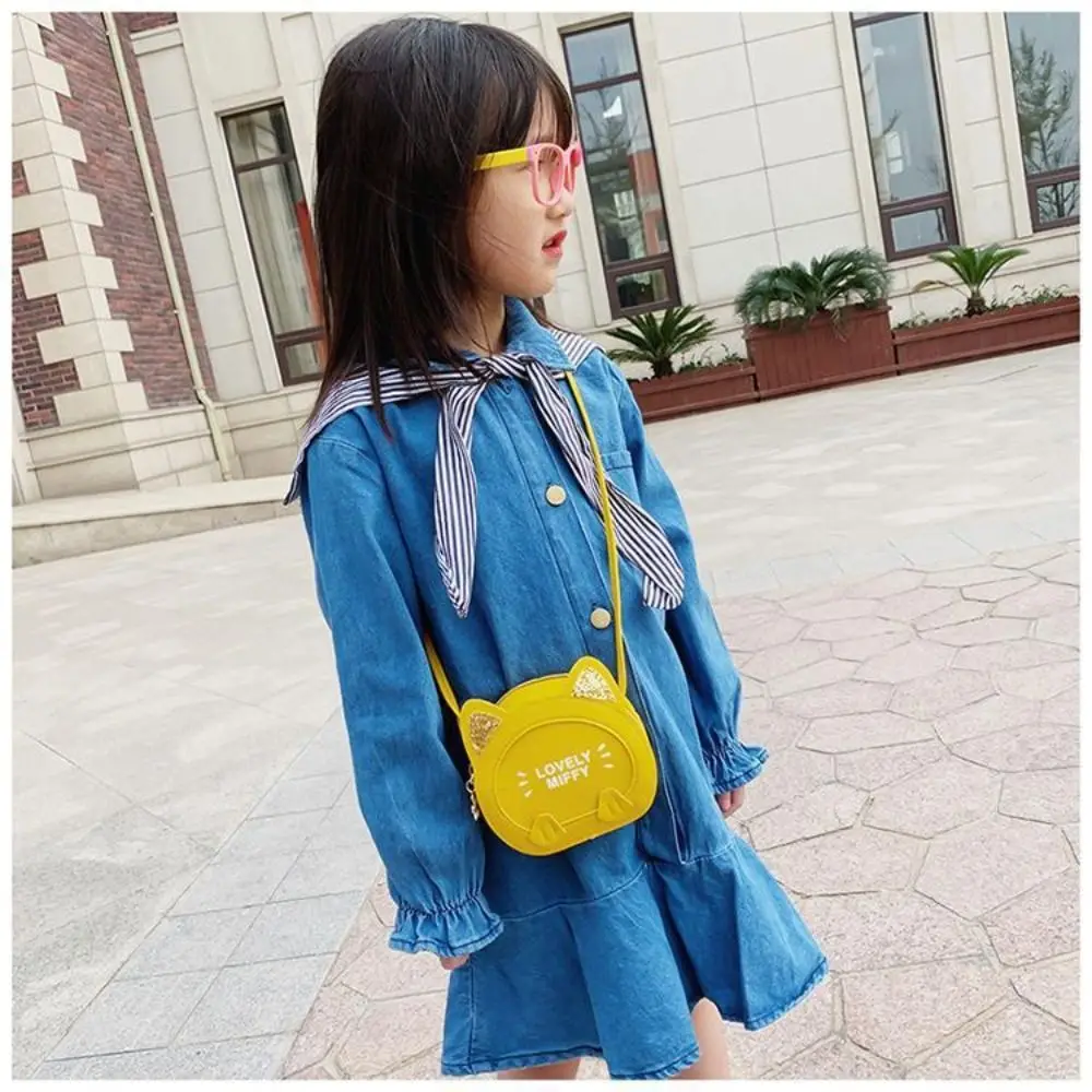 PU Leather Children\'s Shoulder Bag Cute Cartoon Cat Soild Color Small Crossbody Bag Zipper Mini Handbags Coin Purses