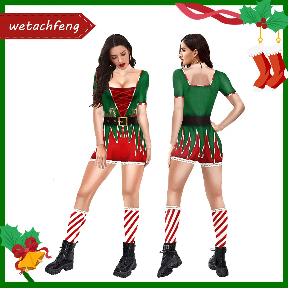

Men Women Ugly Christmas Overalls 3D Printed Striped Sexy Body Skinny Christmas Jumpsuit One Piece Romper Outfits Xmas Clothing