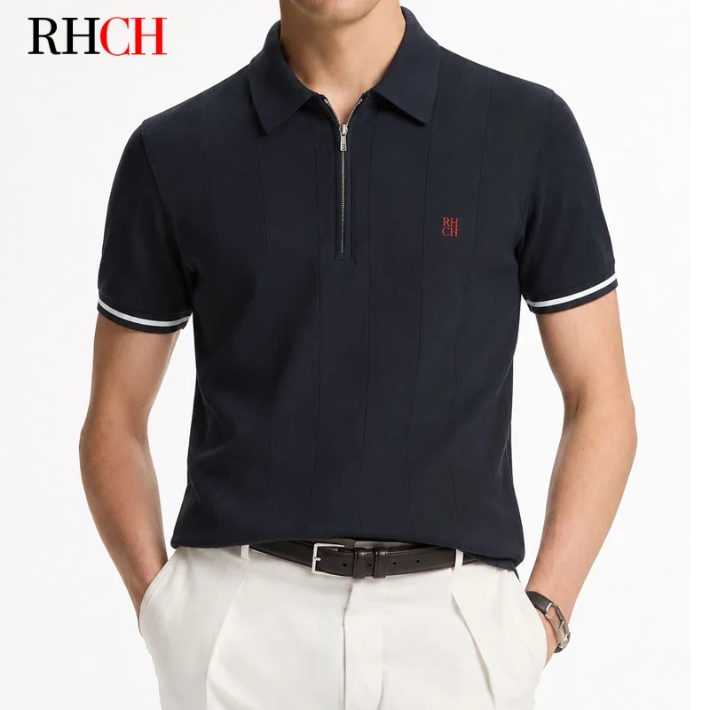 RHCH Men's Half Zip Polo Shirt Short Sleeve Embroidered Logo Collar Top Old Money Style Golf Office Casual Wear