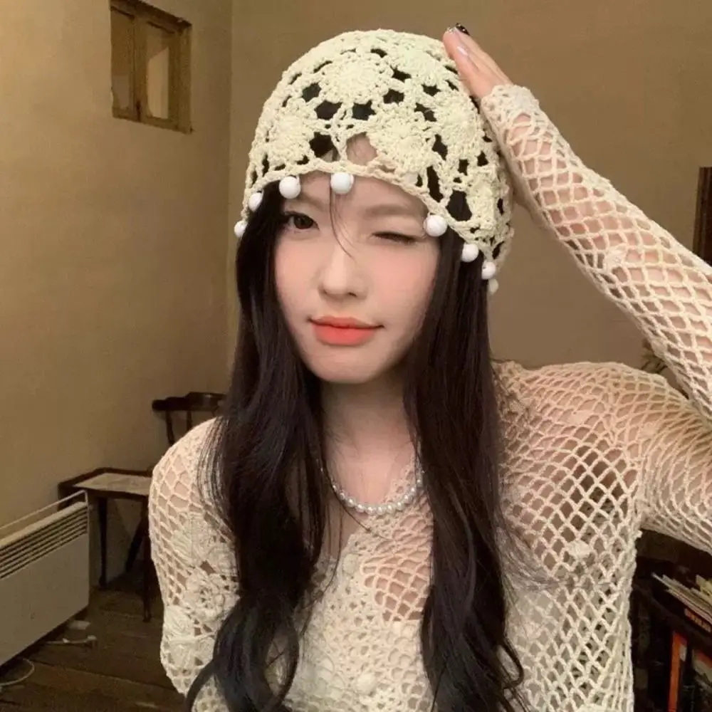 

Cute Sweet Crochet Hollow Knitted Hat Flower Beads Tassels Knit Beanies Handmade Thin Ethnic Style Hat Girls