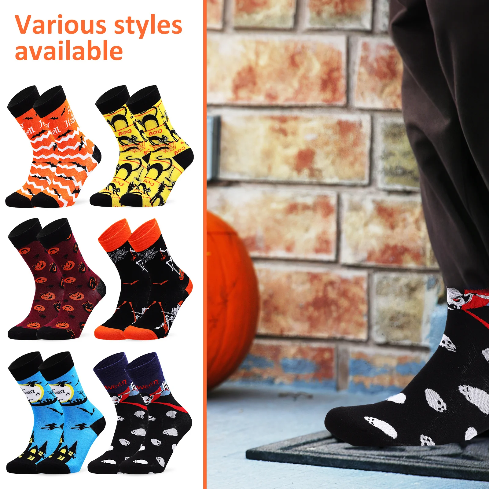 6Pairs Mid Calf Halloween Socks Cotton Comfortable Spooky Pumpkin Patterned Casual Socks for Men Women Unisex Novelty