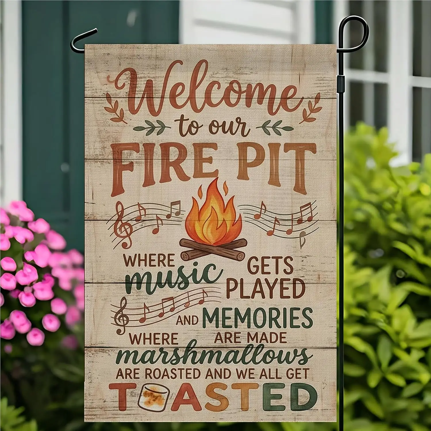 Welcome to Our Fire Pit Garden Flag 12x18 Double Sided - Thick Opaque Burlap Texture Fade Resistant Yard Flag - Funny Outdoo yyi