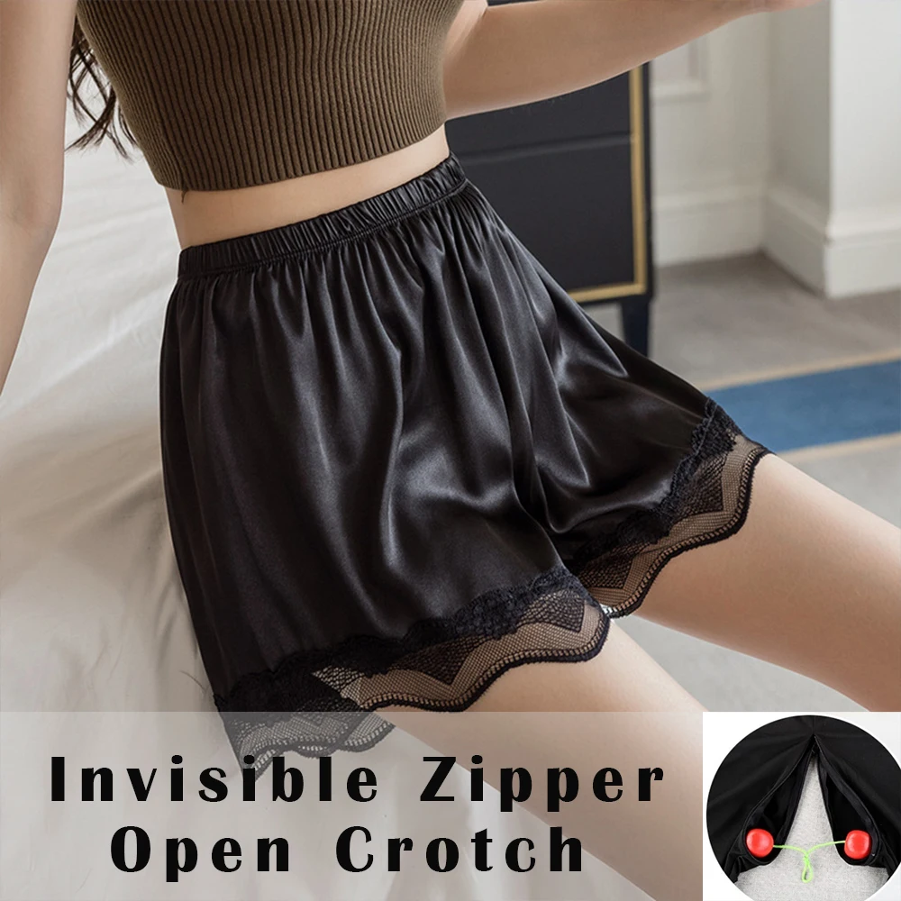 

Zipper Crotch Summer Elegant Safe Shorts Women Thin Lace Ice Silk Underwears Panties