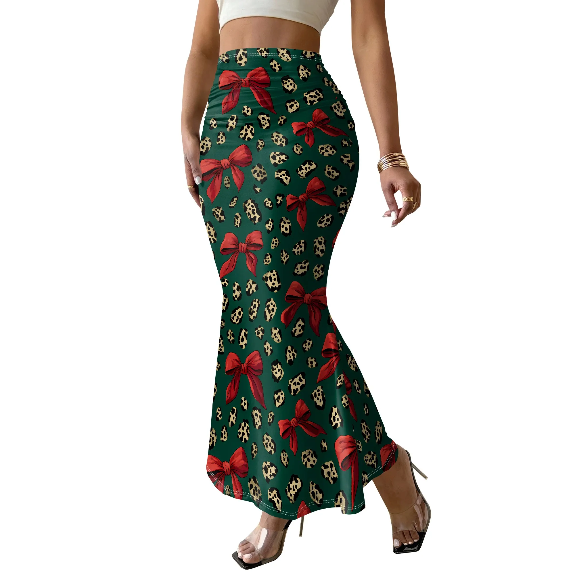 Green Leopard Print Skirt, Red Bow Pattern, Ruched High Waist Mermaid Maxi Skirt, Christmas Holiday Party Wear, S-3XL