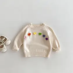 2024 Autumn New Children Sweater Girls Colorful Heart Knitted Pullover Tops Toddler Baby Casual Versatile Knitwear Kids Clothes