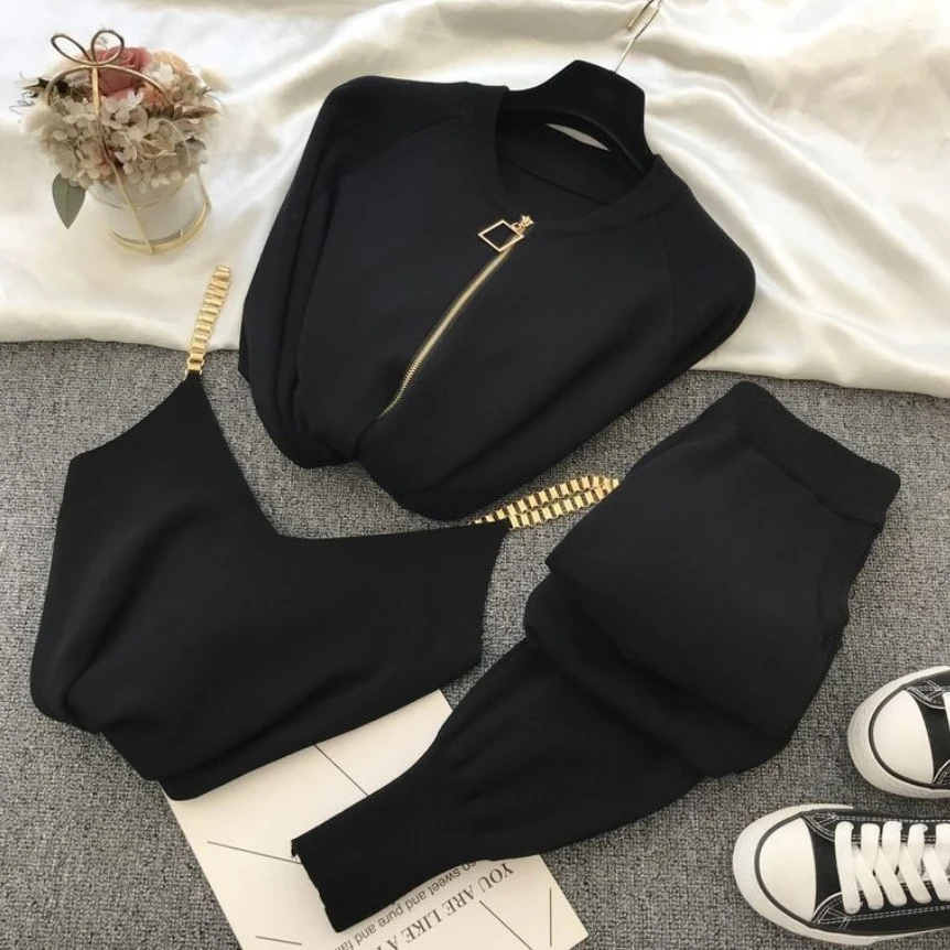 

Women Zipper Knitted Cardigans Sweaters + Pants Sets + Vest Woman Fashion Trousers 3 PCS Costumes Outfit