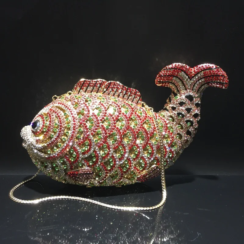 

Rhinestones Women Fish Clutch Purse Gold Stones Evening Minaudiere Bags Wedding Bridal Handbags Party Dinner Purses Clutches Bag