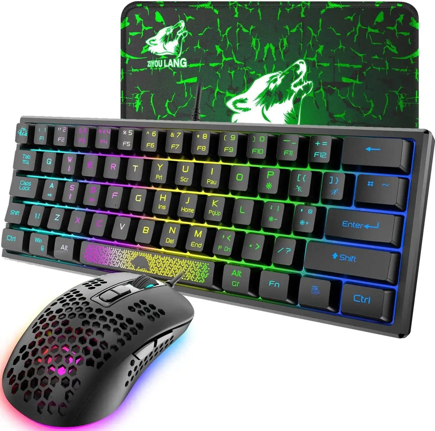 FREEWOLF T60 UK Layout RGB 60% Gaming Keyboard Mouse Set Wired 62 Keys Mini Portable Keyboard 7 RGB LED Backlit