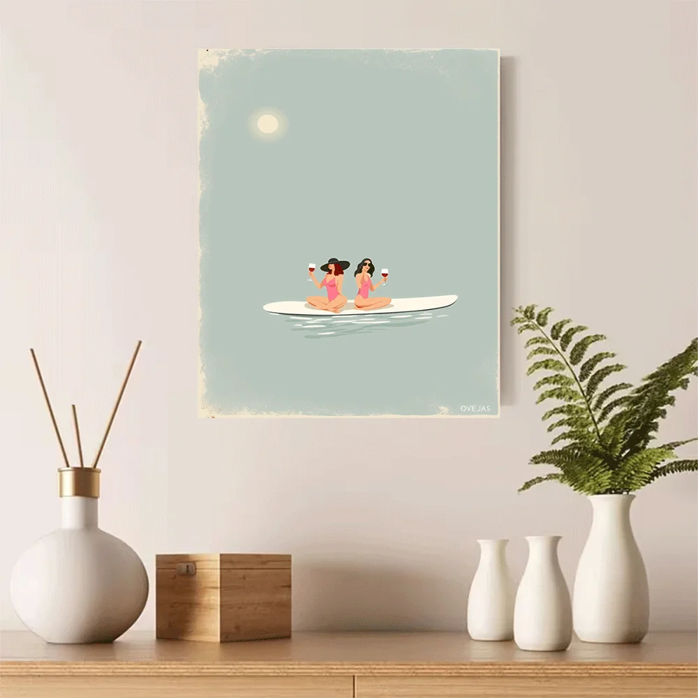 1 Stück-Leinwandposter, ungerahmt, zwei Frauen auf Surfbrett, trinken Wein, Ozean, Sonnenuntergang, minimalistischer Kunstdruck, Sommer