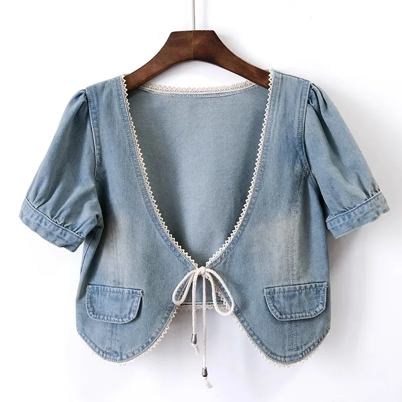 

Summer Vintage Light Blue V Neck Short Sleeve Denim Jackets Women Casual Cowboy Outerwear Female Slim Short Jeans Jacket Coat