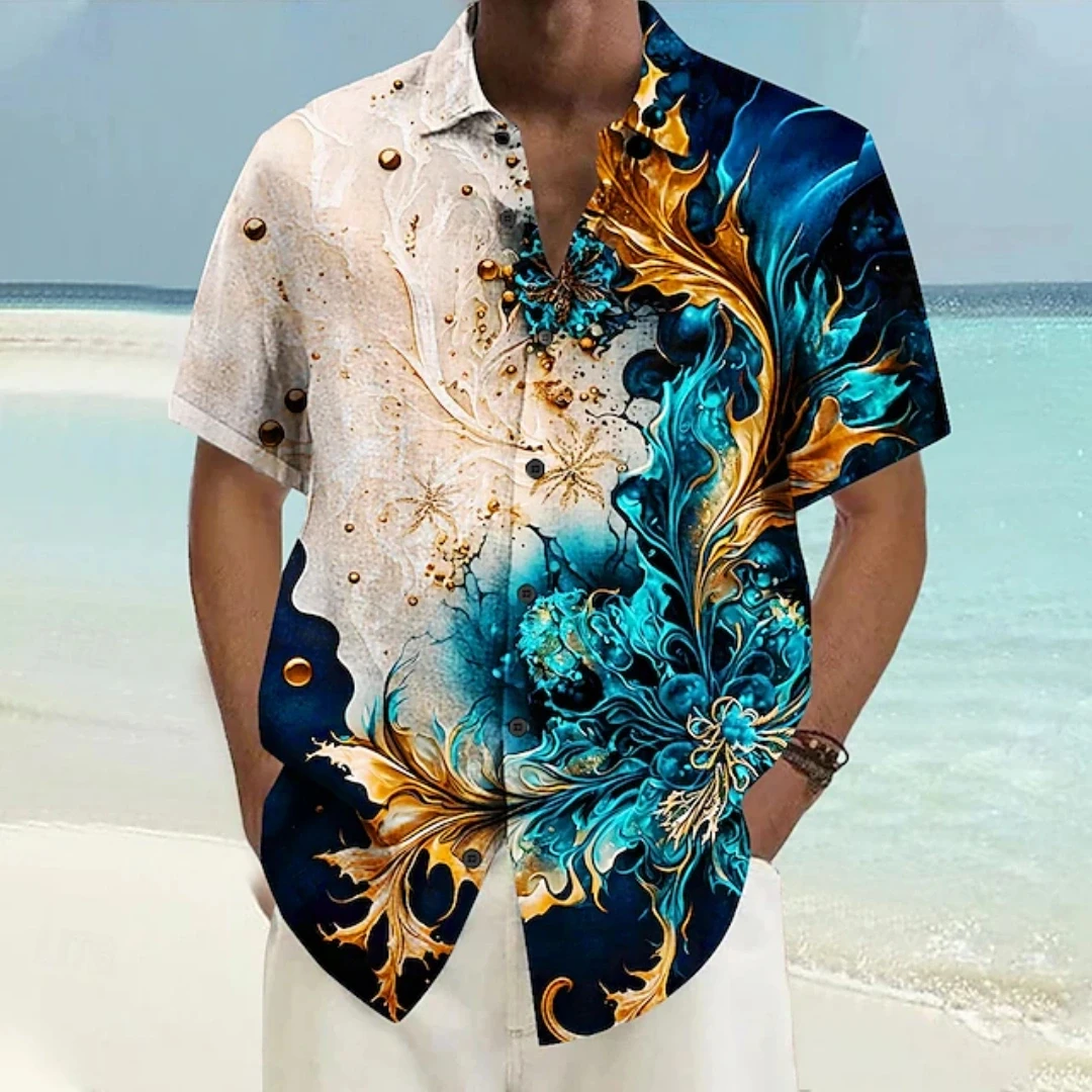 Men's Shirt Marble Golden Floral Print Short Sleeve Button Down Shirts Camp Collar Summer Beach Casual Tops Men Clothing