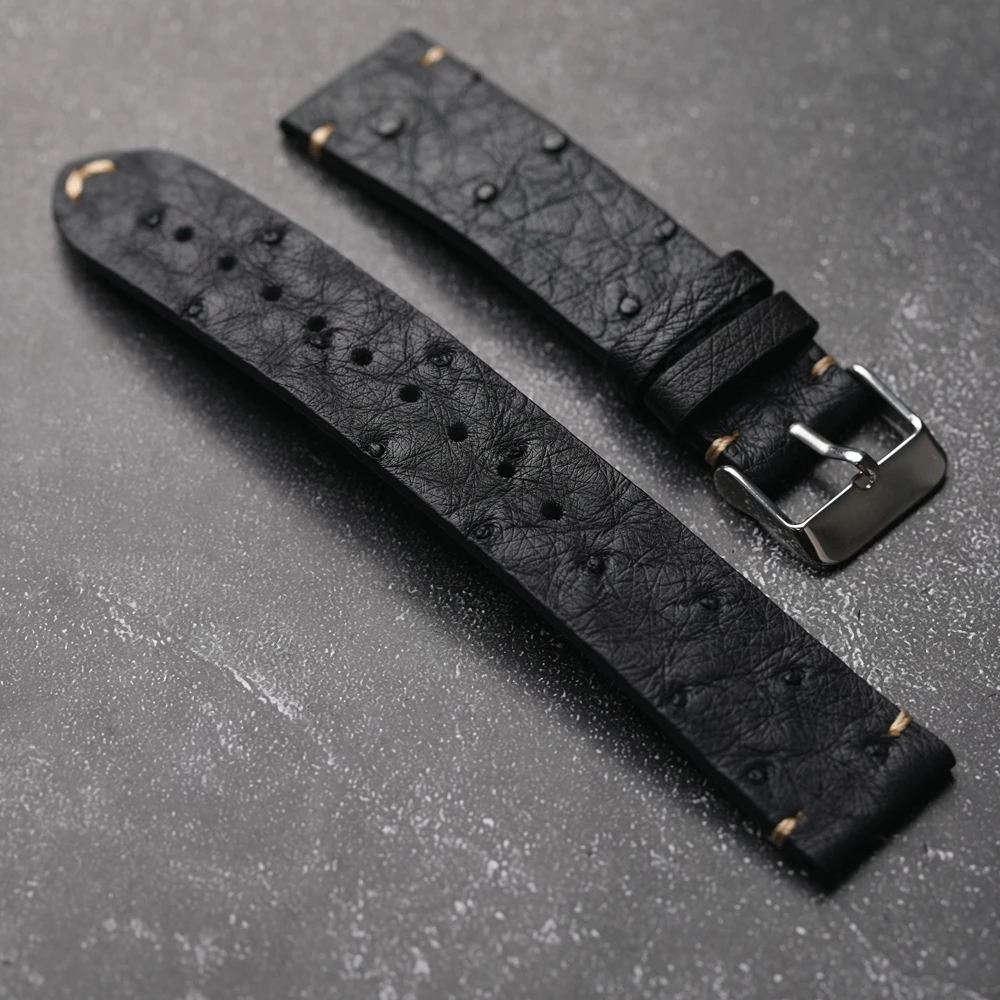 Handmade Ultra-Thin Ostrich Leather Watchband 18 19 20 21 22MM Black Men\'s Soft Strap  Vintage Style Leather Bracelet