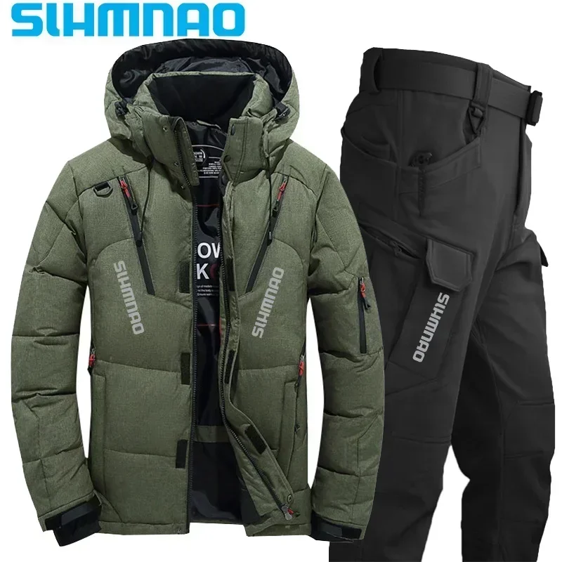 2025 Men's Goose Down Jacket and Tactical Pants, Winter Fishing Suit, Warm, Snow Skiing, Mountain Climbing, Hunting Sportswear