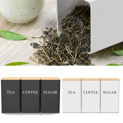 3Pcs Coffee Bean Storage Jar Coffee Sugar and Tea Storage Container with Bamboo Lid Simple Metal Kitchen Storage Supplies