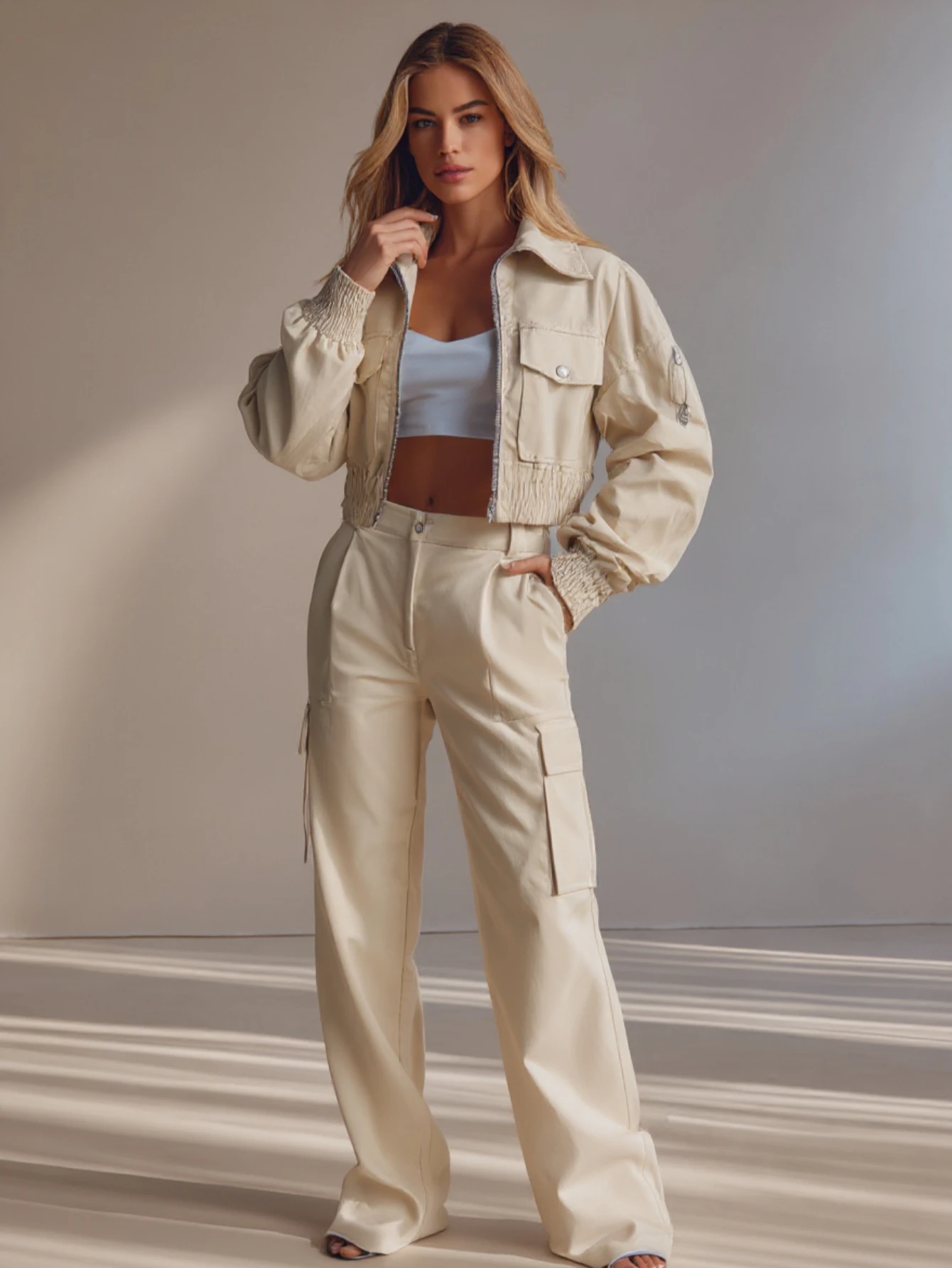 

Mia Muse Select Women's Sets Autumn Winter Safari Style Plain Zipper Open Front Long Sleeve Lapel Full Length Cargo Pants Sets