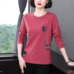 Spring Autumn New Fashion Elegance Printed T-Shirts Women's Clothing All Match Casual Aesthetic Undershirt Pullovers O Neck Tops