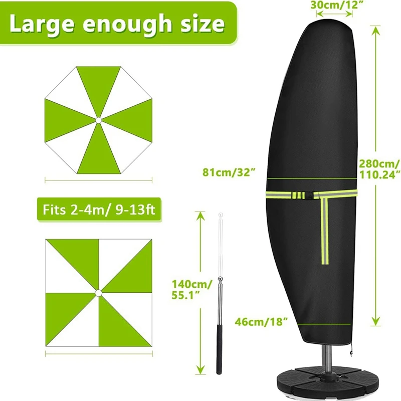 Waterproof Garden Umbrella Cover 420D Oxford Cloth Outdoor Cantilever Umbrella Cover with Zipper Windproof Fluorescent Tape