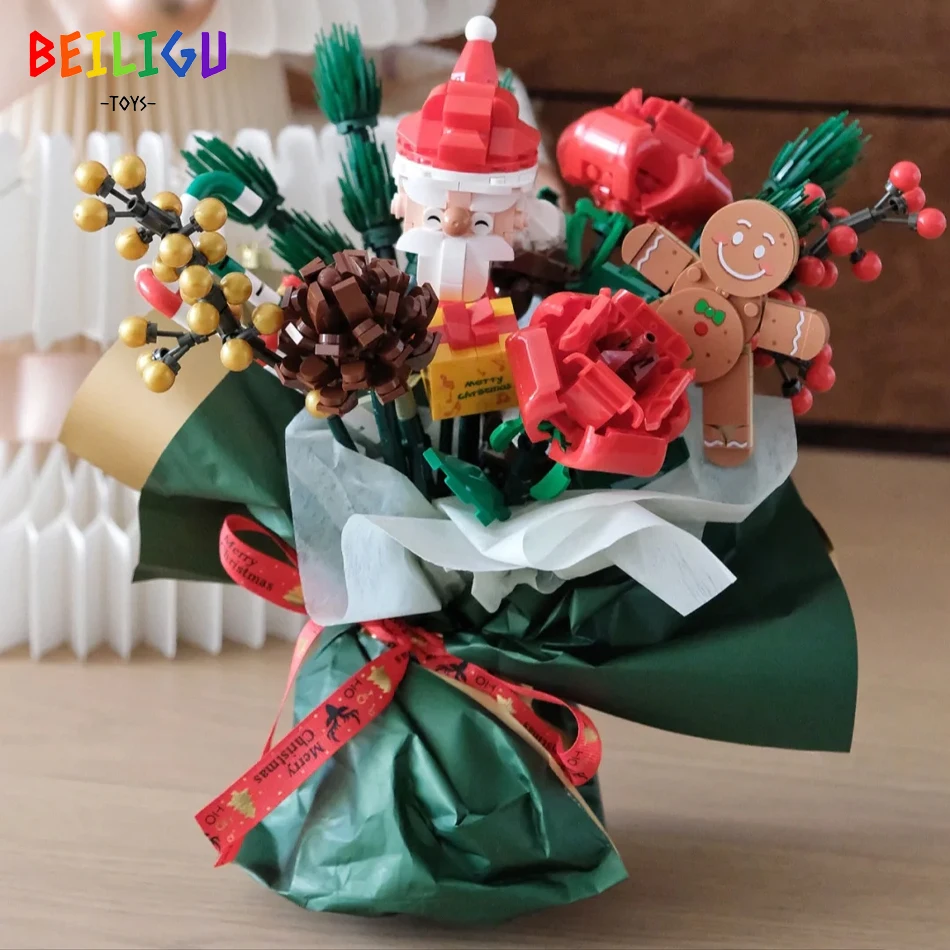 

882 шт. идеи, рождественский букет цветов, строительные блоки, Санта-Клаус, роза, хлопок, MOC, кирпичи, игрушки для взрослых, детей, подарок Xams