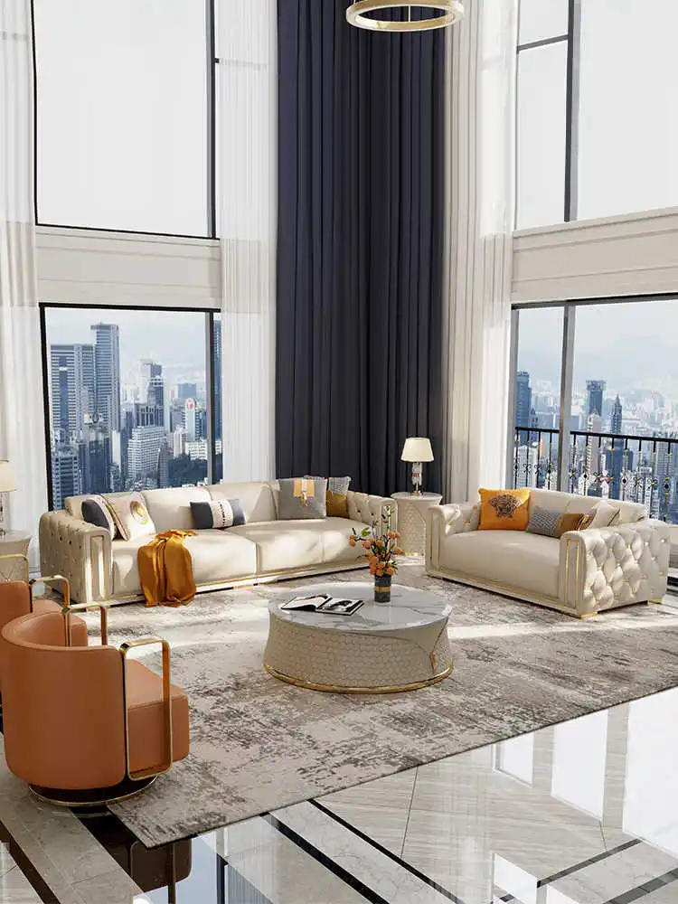 Italian Style Luxury Leather Sofa, Top Layer Cowhide, American Style High-end Villa, Large Living Room Furniture Combination