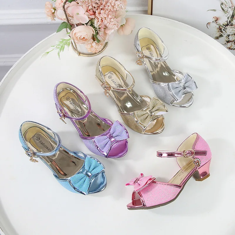 2026 New Girls' Fashion Solid Color Glitter High Heel Shoes, Children Dress Up Pageant Runway Performance Party Sandals