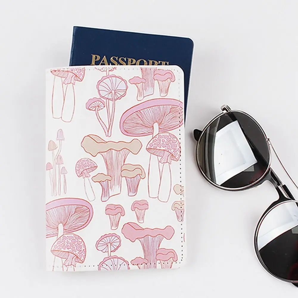 Cute Pattern Print Leather Passport Holder Mushroom Star Certificate Storage Bag Multifunctional Airplane Check-in Passport Clip