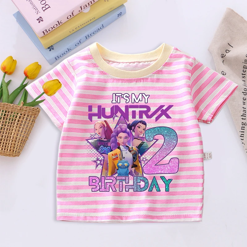 

Kpop охотники на демонов, милые футболки в полоску для девочек, модный топ с короткими рукавами и рисунком аниме, детская летняя милая футболка, подарки