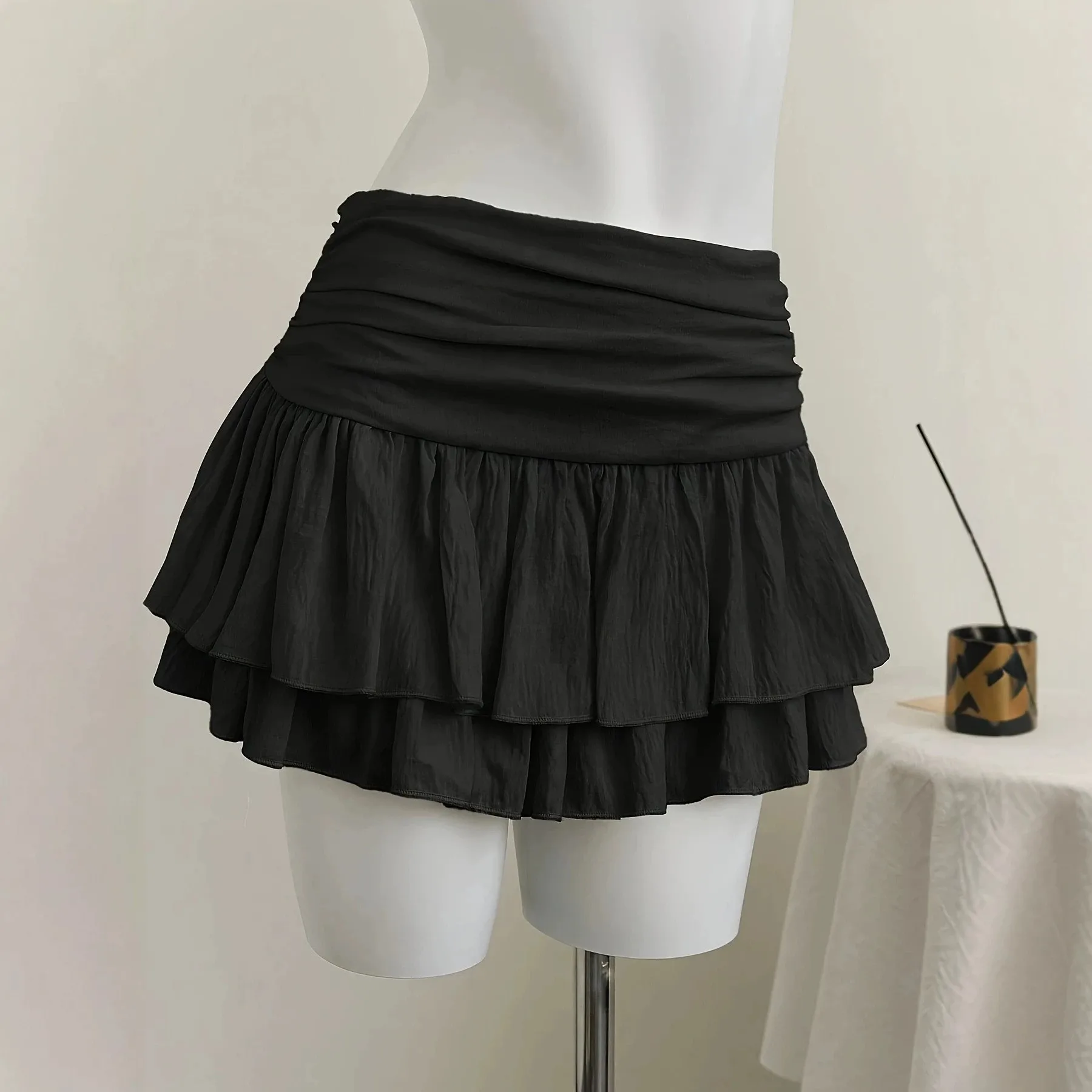 Low Waist Double Layer Black Chiffon Skirt Women's Fashion Commute Style Pleated Semi-Body Skirt Holiday Wind Cross-Border Ne...