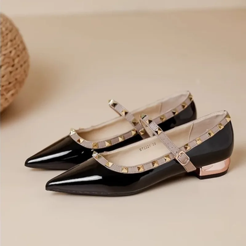 

New Spring Pointed Toe Single Shoes Women's Fashion Shallow Rivet Soft Sole One Buckle Versatile Low Heel Shoes