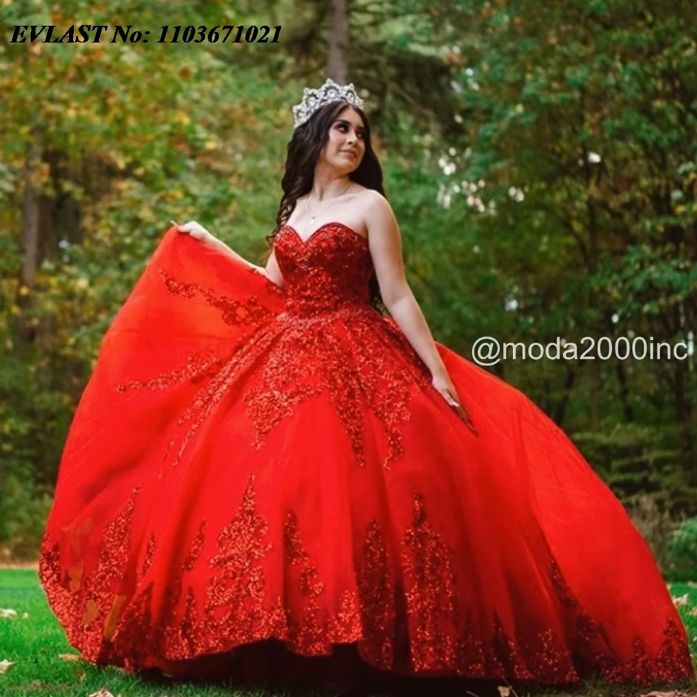 EVLAST Shiny Red Quinnceanera Dress Ball Gown Lace Applique Beaded Crystal Corset Mexico Sweet 16 Vestidos De 15 Anos SQ580