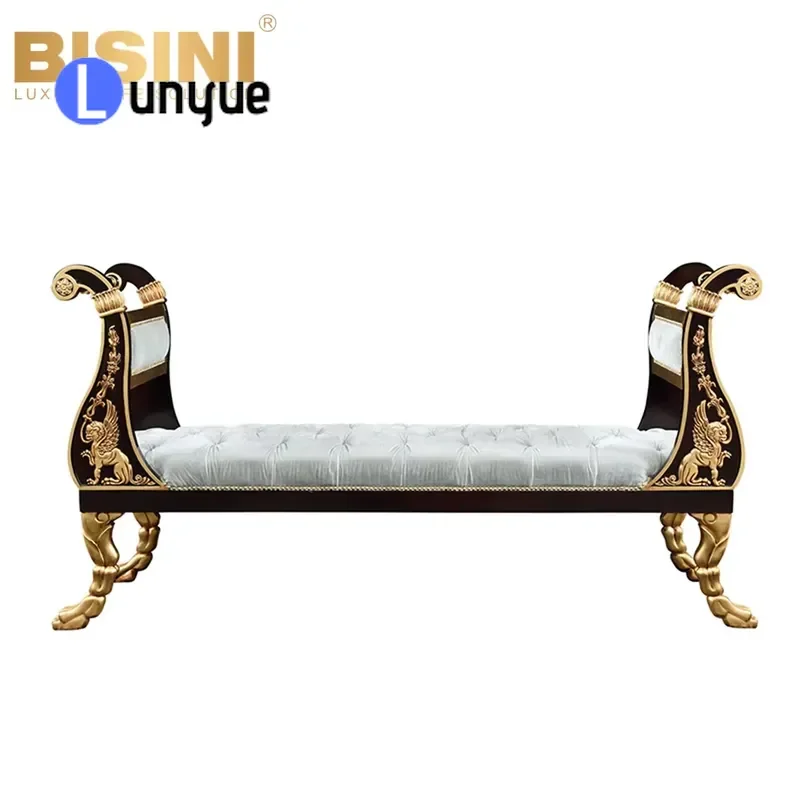 Luxury Handmade Wood Carving Bedside Stool Fabric Upholstered Bench for Villa Bedroom Furniture Elegant Decorative End Seat
