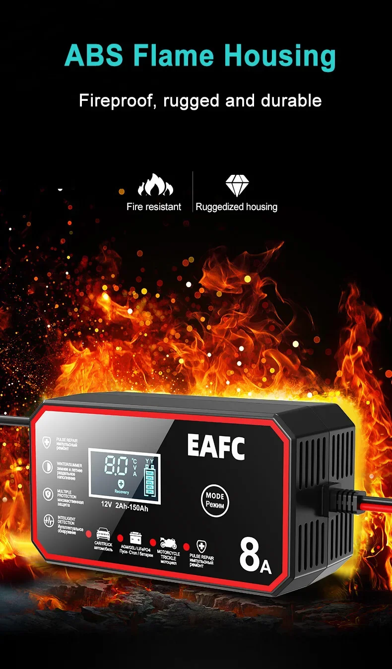 EAFC 6A /8A 12V Intelligentes Autobatterieladegerät Auto- und Motorradbatterieleinheit Blei-Säure-Batterie-Reparatur LCD-Display – Detail 17