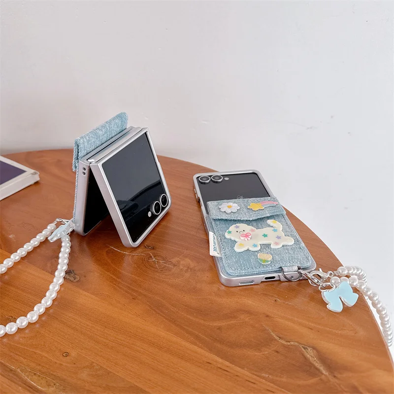 Джинсовый чехол для телефона Kawaii Cat Puppy Card Bag для Samsung Galaxy Z Flip 7 6 5 Flip6 Flip5 с цепочкой, милые чехлы ZFlip7 Funda