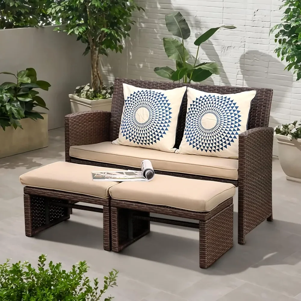 Outdoor Loveseat 3 Piece Patio Furniture Set Outdoor Conversation Set All-Weather Wicker Love Seat with Ottoman/Side Table,Beige