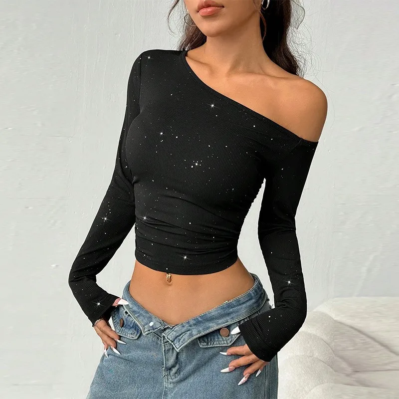 

Sexy Hot Girl Diamond Slant Shoulder Long Sleeve T-Shirt Autumn Knitted Solid Color Casual Fashion Women Tops Party Y2k Clothes