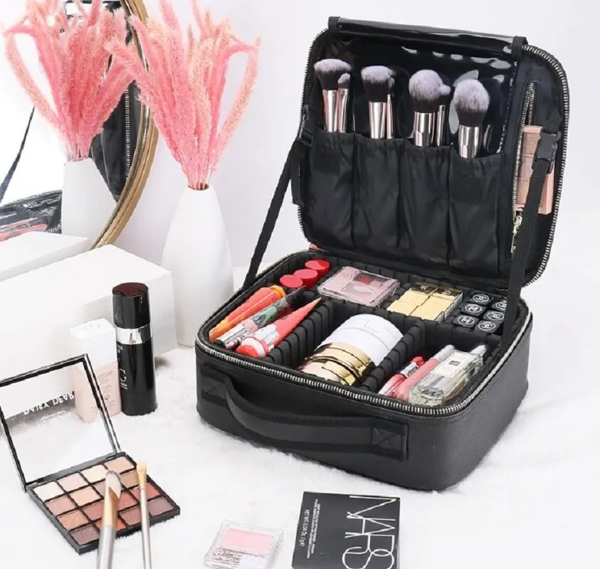 حقيبة مستحضرات تجميل محمولة بطبقتين مع فواصل قابلة للتعديل ، علبة ، إكسسوارات مستحضرات تجميل