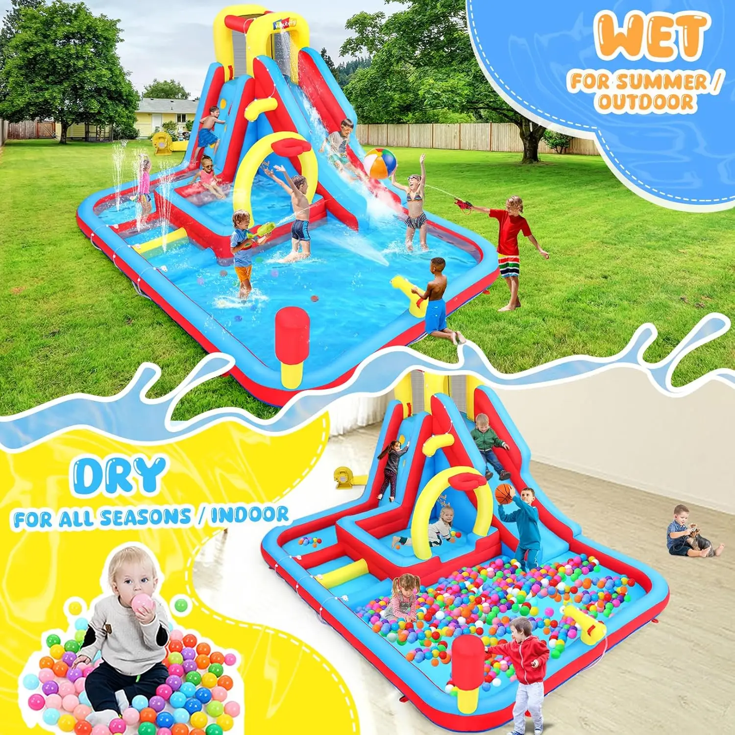 13.2ft Inflatable Water Slide for Kids - Large Backyard Outdoor Water Park with Big Splash Pool, Deep Pool, Triple Sprinkler Obstacle Course, Basketball Arch - Includes 15 Toys, Fun for 8 Kids