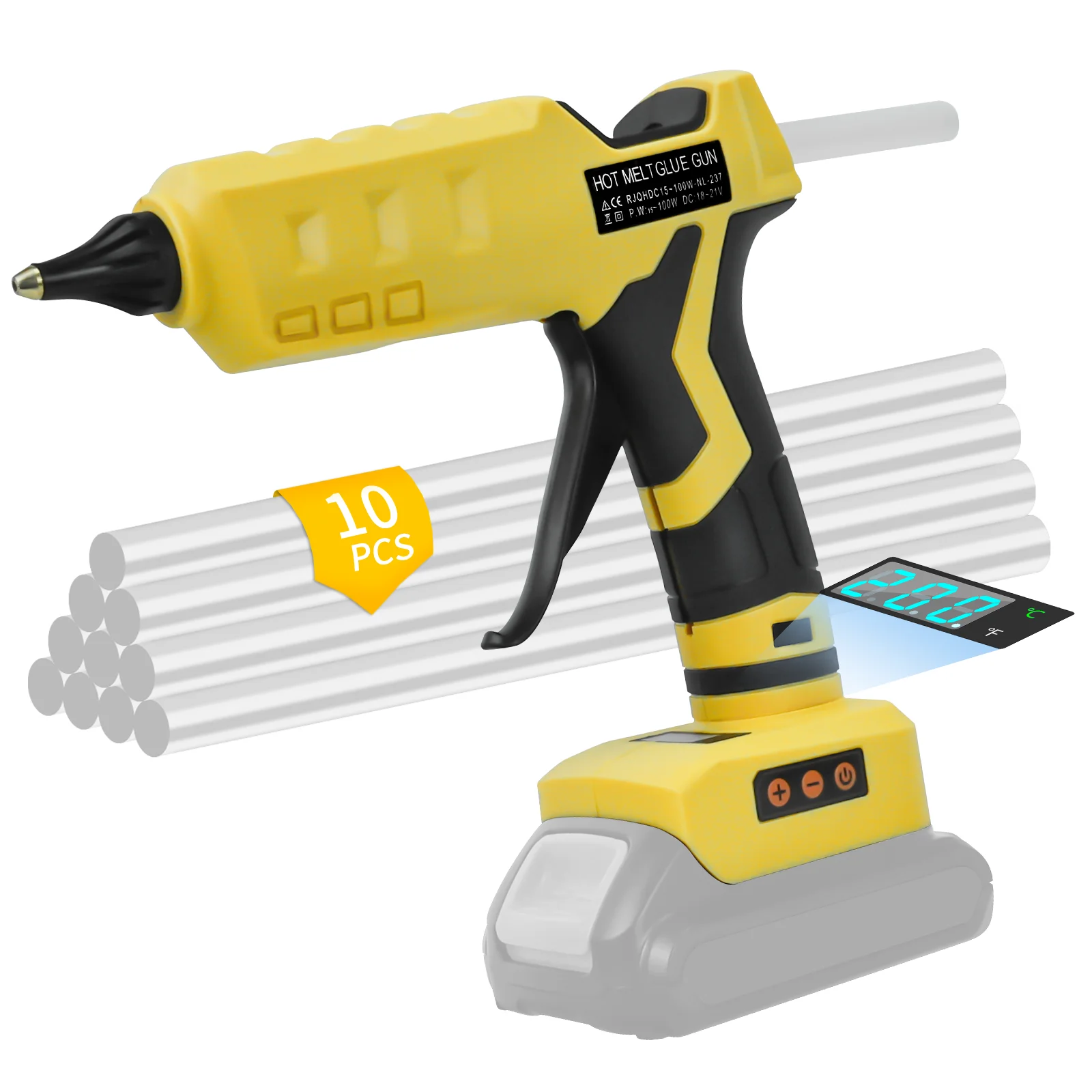 

100W Cordless Hot Melt Glue Gun 100℃-200℃ LCD Digital Display with 10pcs 11mm Glue Sticks for Dewalt 20V Battery (No Battery)