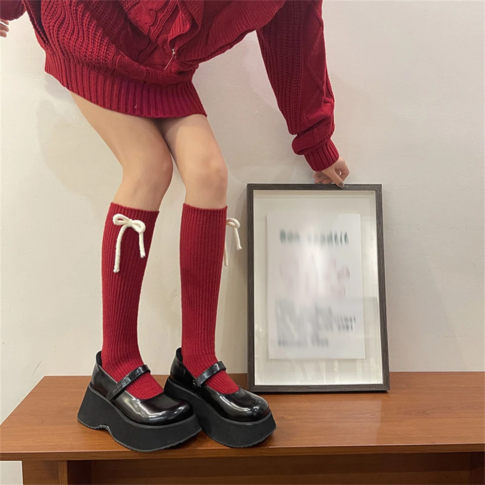 Women Winter New Sweet Cute Christmas Red Cashmere Bow Stockings Y2K Hot Girls Retro Deer Velvet Warmth Mid-tube Pile Socks Gift