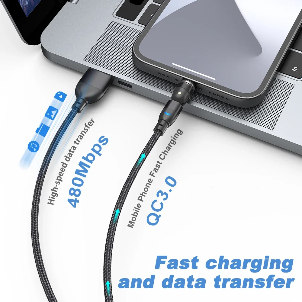 สายแม่เหล็กหมุนได้540 Aufu 3A สายชาร์จไมโคร USB Type C สำหรับ iPhone Xiaomi Samsung สายข้อมูลโทรศัพท์ชาร์จแม่เหล็ก